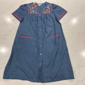 Go Softly NEW Cotton Chambray‎ Patio House Dress M Muumuu Embroidered Cowgirl